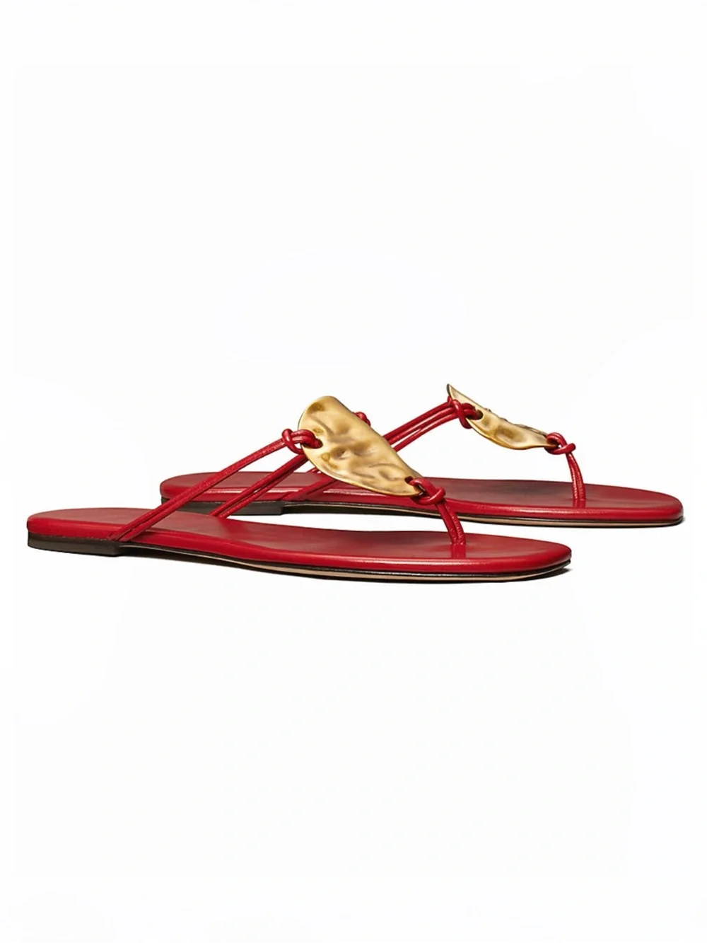 Tory Burch Patos Leather Flat Sandal Red Gold Medallion Sz 9.5 MSRP $238 NEW